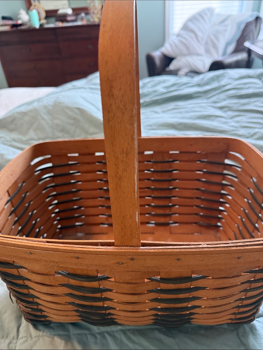 Longaberger Two-Tone Woven Basket in Brown and dark green.